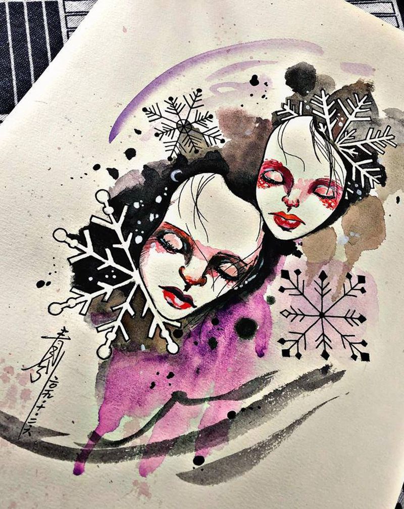 稿纹身图片_腿部手臂水墨水彩纹身图案