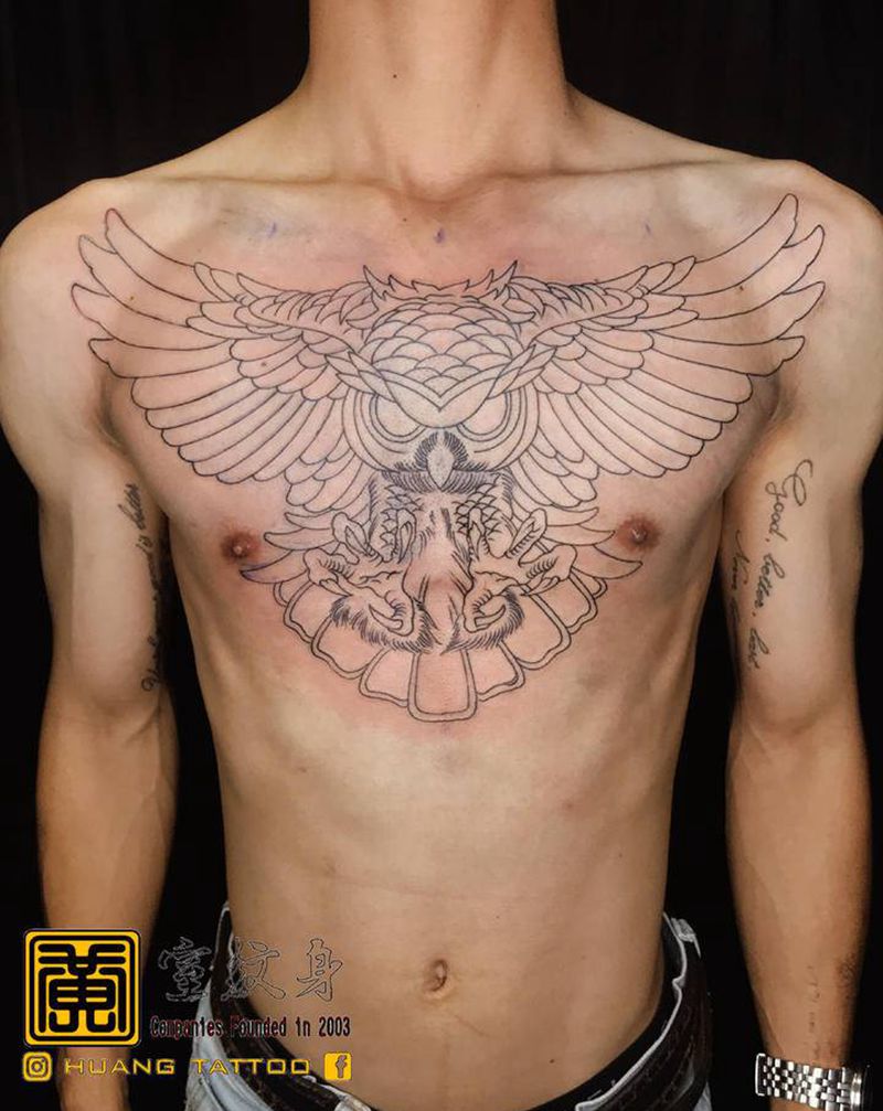 #胸前 #貓頭鷹 #割線 #待纹身图片_胸部纹身图案