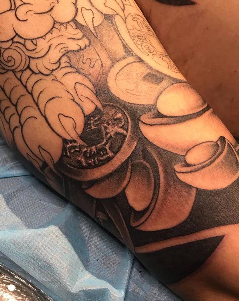 #古錢 #元寶 #打霧 #待續纹身图片_手臂纹身图案