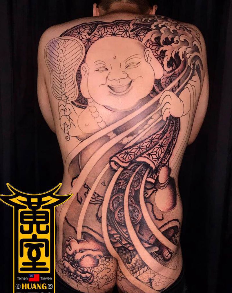 #布袋和尚 #打霧 #待續纹身图片_背部纹身图案