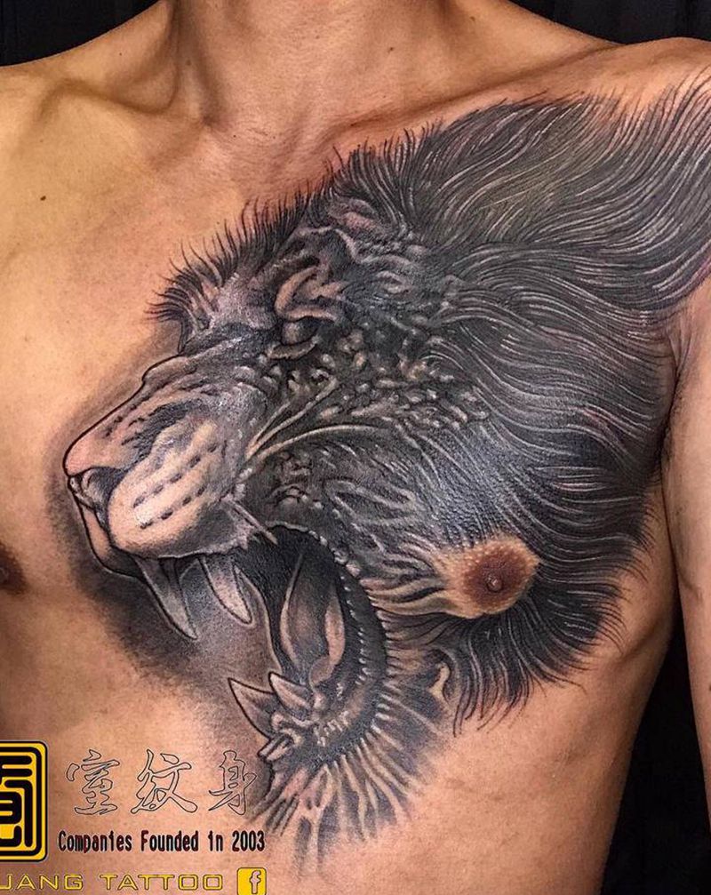 #獅王 #暴力美學 #完成品纹身图片_胸部纹身图案