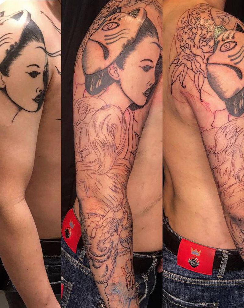 #九尾狐 #牡丹 #整修 #纹身图片_手部手臂纹身图案