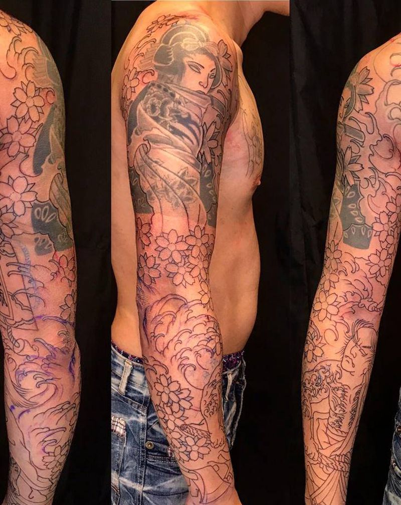 #武士 #櫻花 #整修 #銜接纹身图片_手部手臂纹身图案