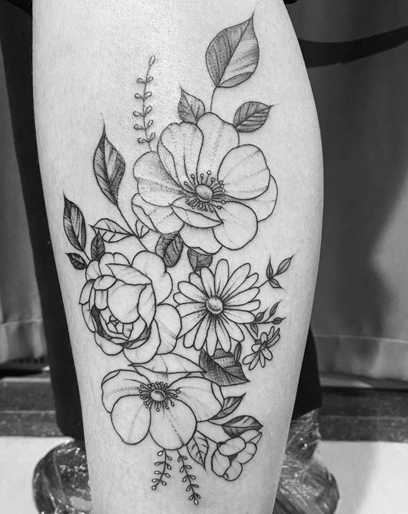 素花纹身图片_腿部纹身图案