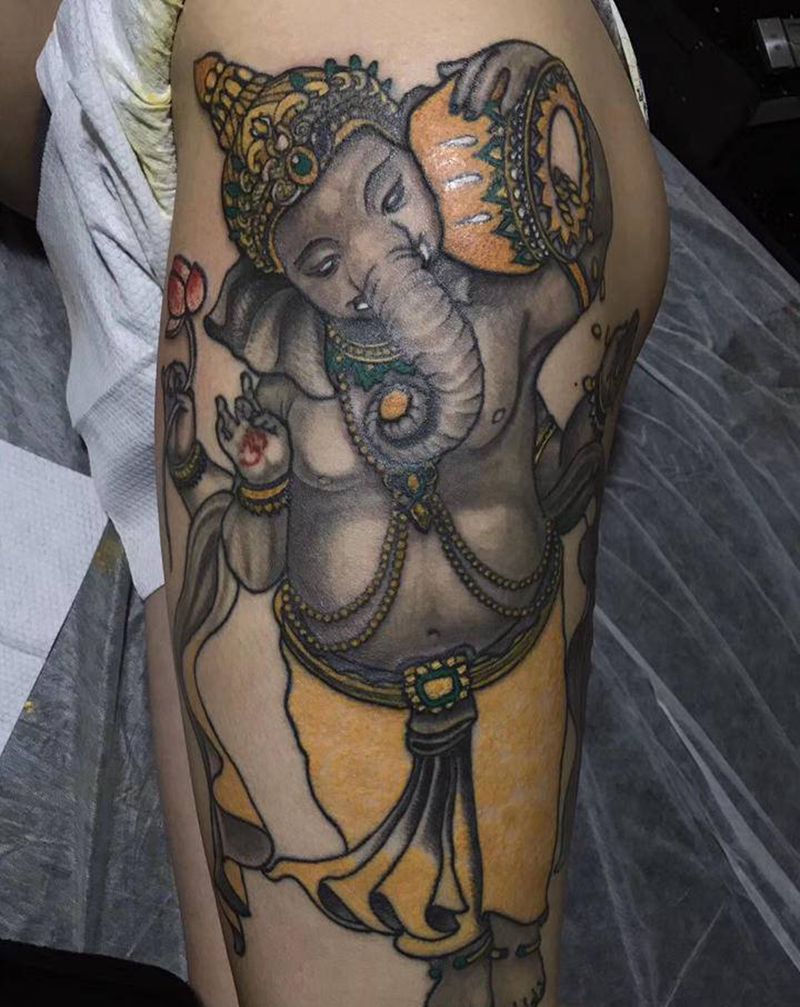 象神纹身图片_腿部老传统纹身图案