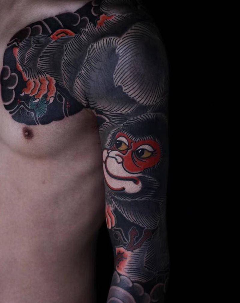 七分袖猴子纹身图片_手臂老传统纹身图案