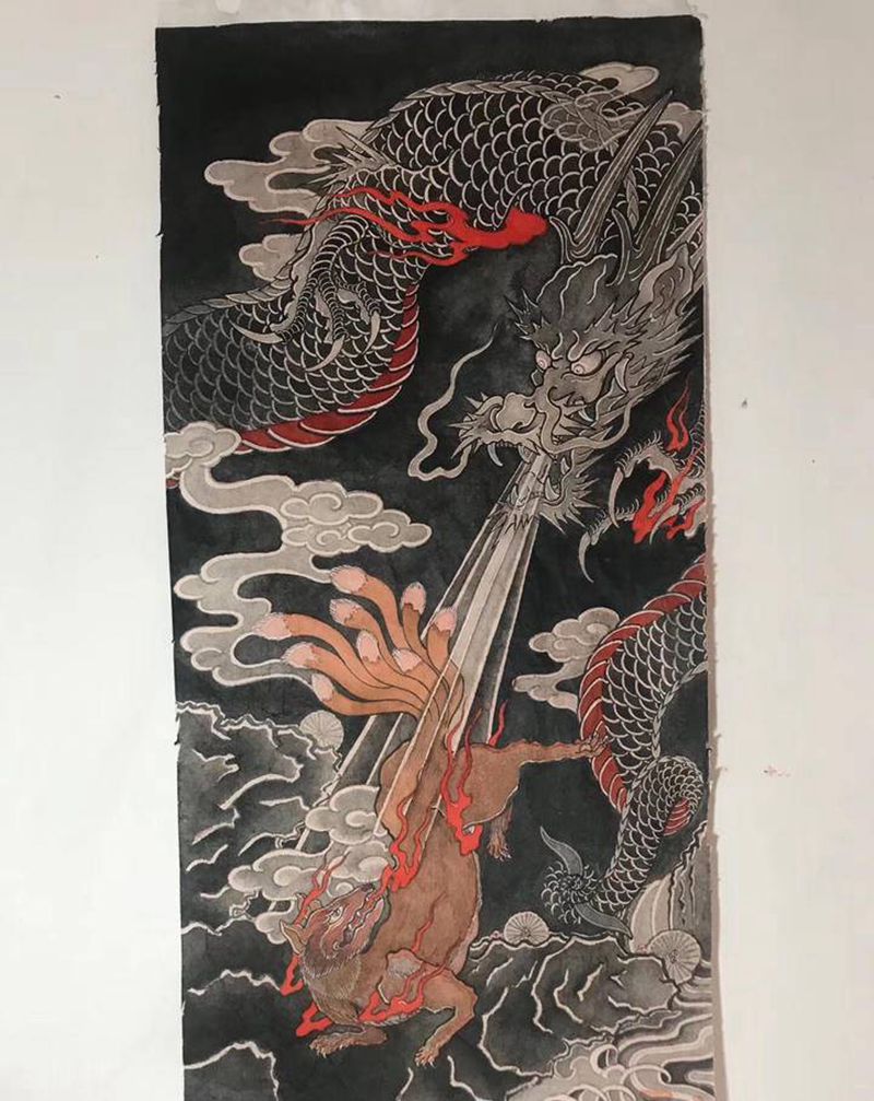 龙狐纹身图片_老传统纹身图案