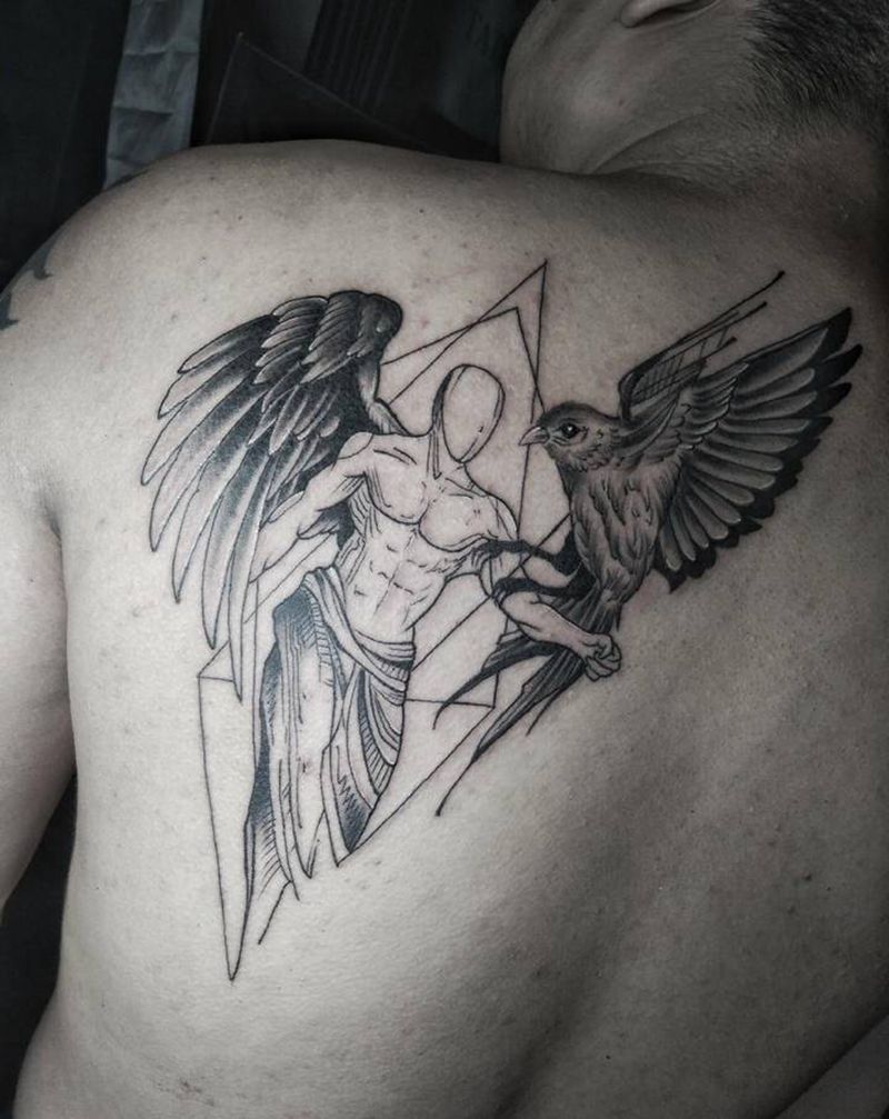 天使吗和鸟纹身图片_背部几何纹身图案