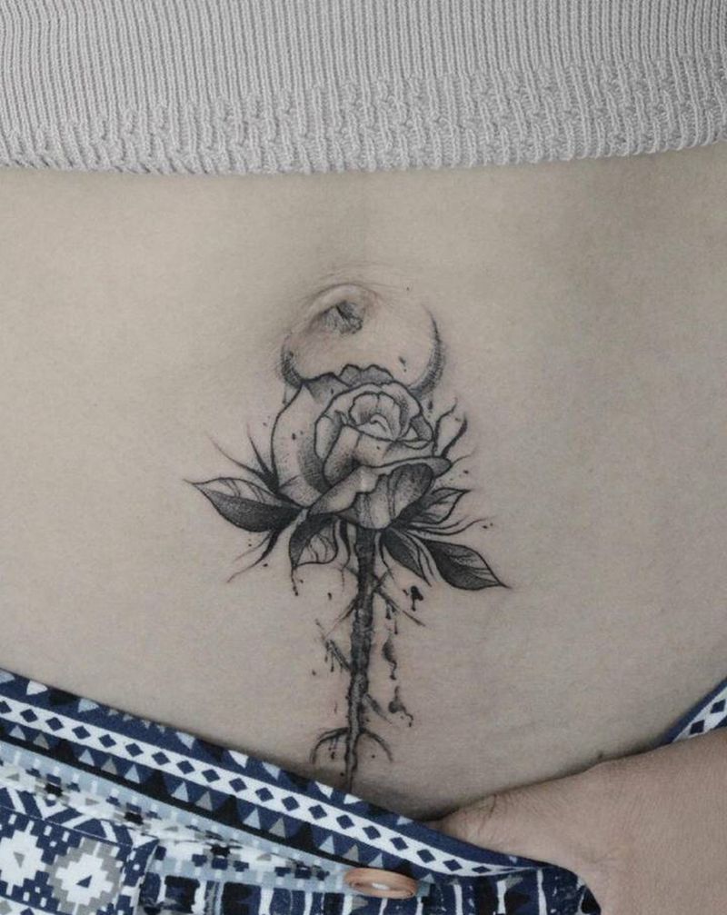 遮盖疤痕纹身图片_腹部点刺纹身图案