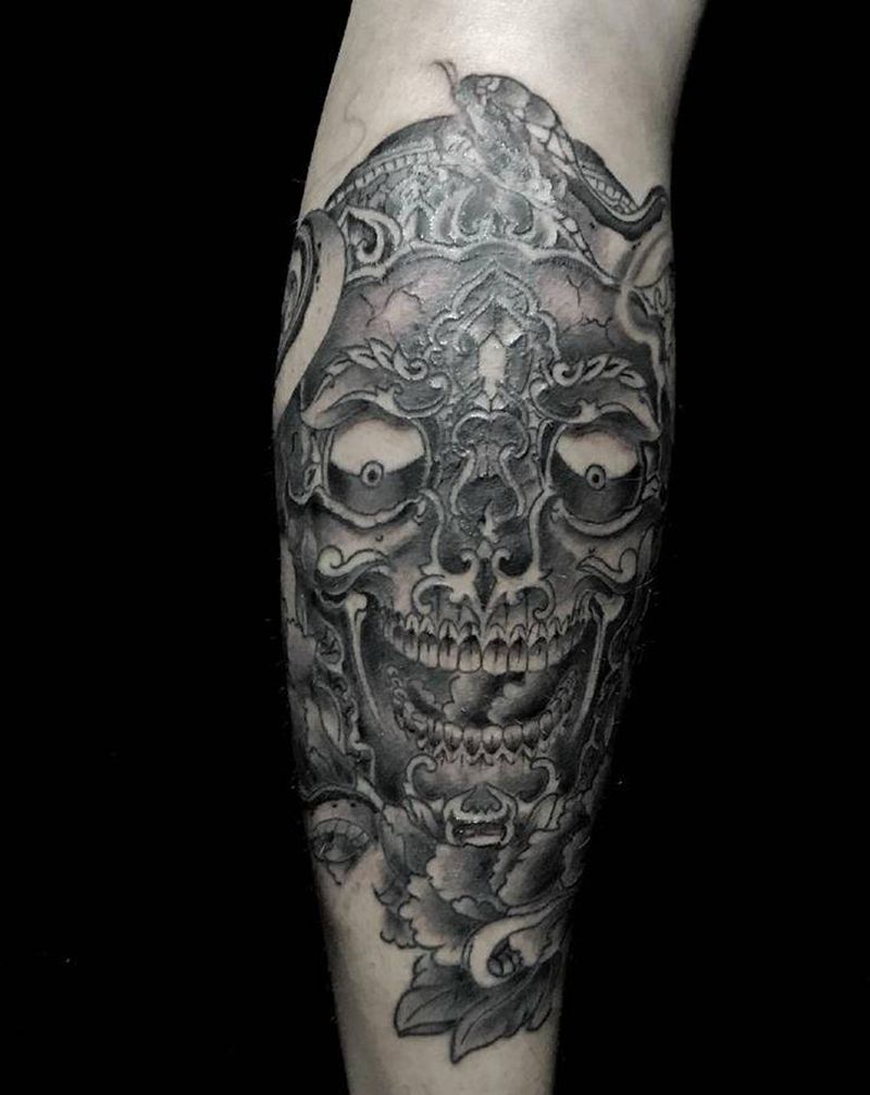 嘎巴拉纹身图片_腿部新传统纹身图案