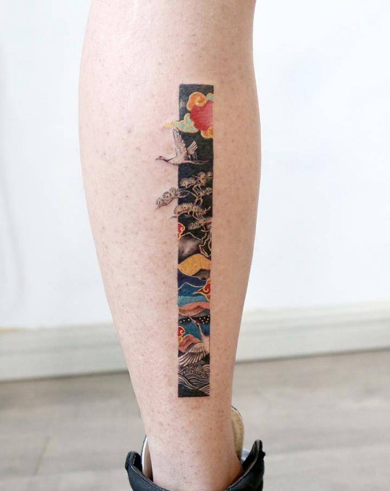 国风小图纹身图片_腿部水彩纹身图案