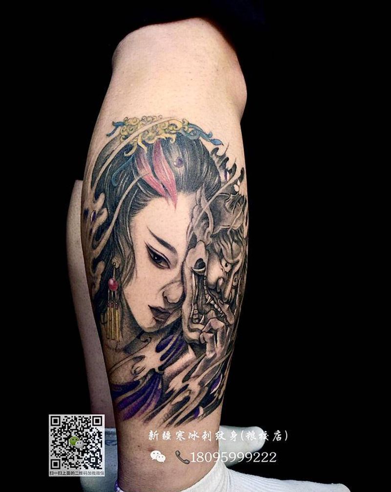 艺妓与般若，小腿外侧纹身图片_腿部手臂新传统欧美写实艺妓般若美女纹身图案
