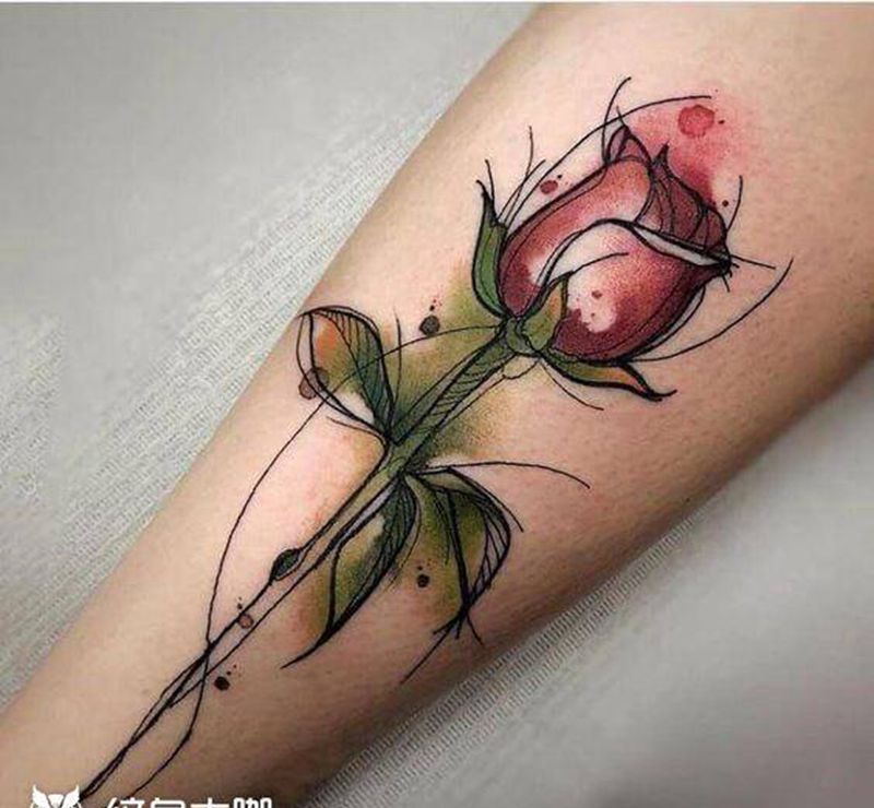 彩色水墨·玫瑰纹身图片_水墨纹身图案