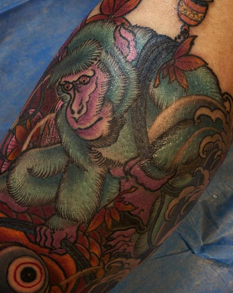 猴纹身图片_腿部老传统新传统纹身图案