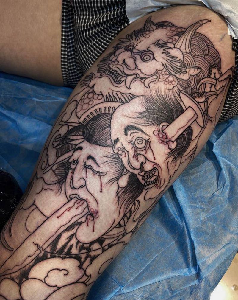 悪鬼纹身图片_腿部老传统纹身图案