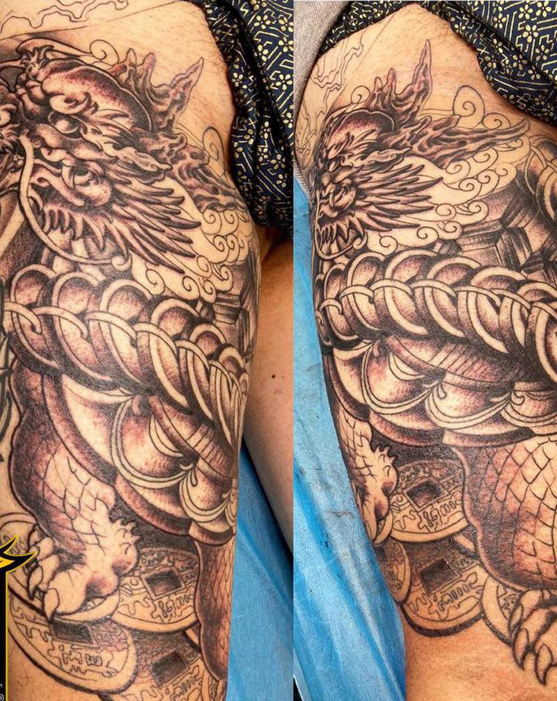 《黃室紋身》今日工事： #龍龜纹身图片_腿部纹身图案