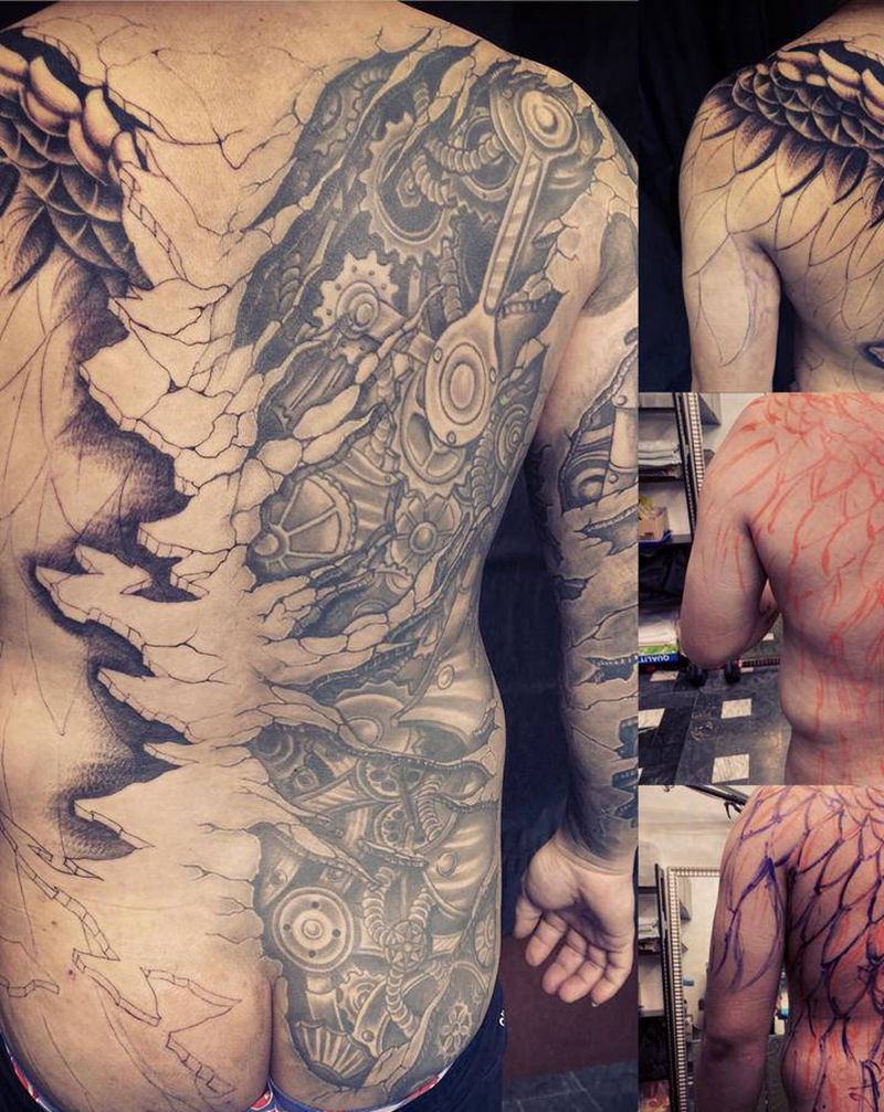 《黃室紋身》今日工事： #翅膀纹身图片_背部纹身图案