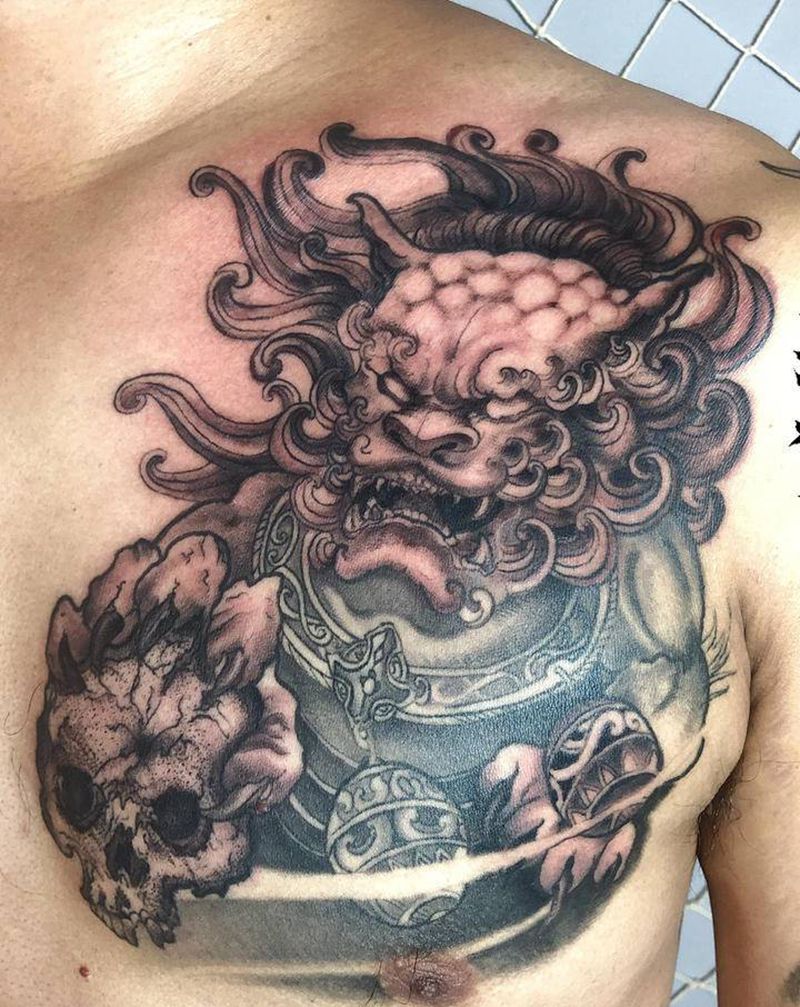 “唐狮”纹身图片_胸部纹身图案