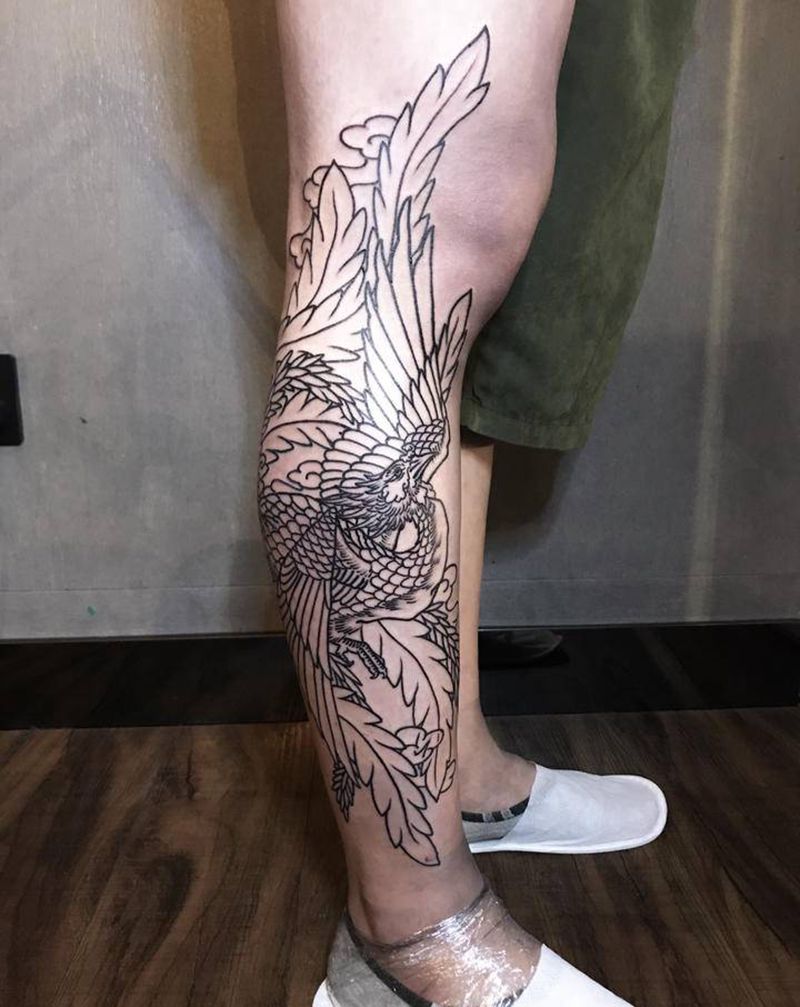 凤凰线纹身图片_腿部老传统纹身图案