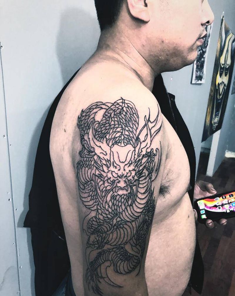 龙纹身图片_手臂手部老传统龙线条纹身图案