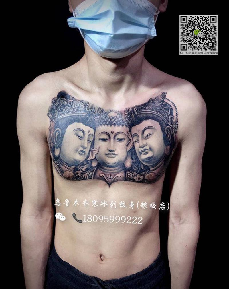 三面佛纹身图片_胸部背部新传统欧美写实佛人物鱼纹身图案