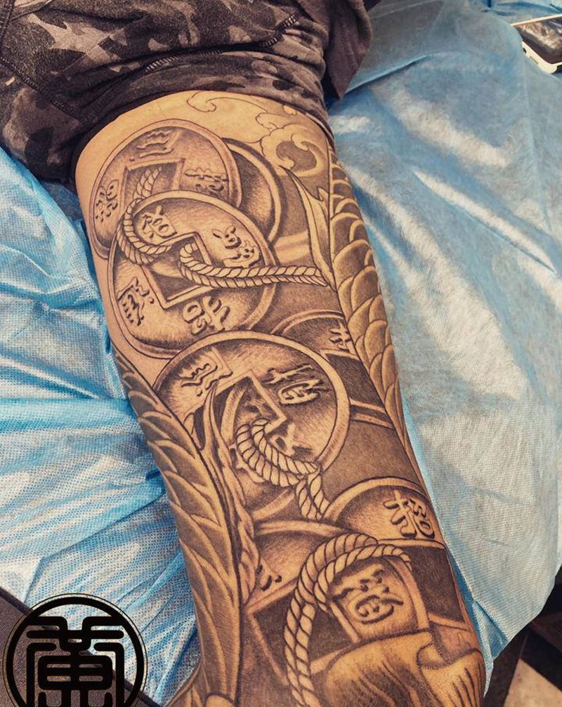 《黃室紋身》 #銅錢 #待續纹身图片_腿部纹身图案