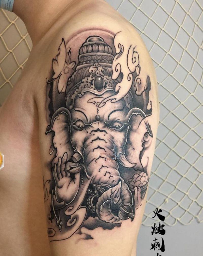“象神”纹身图片_手臂新传统纹身图案