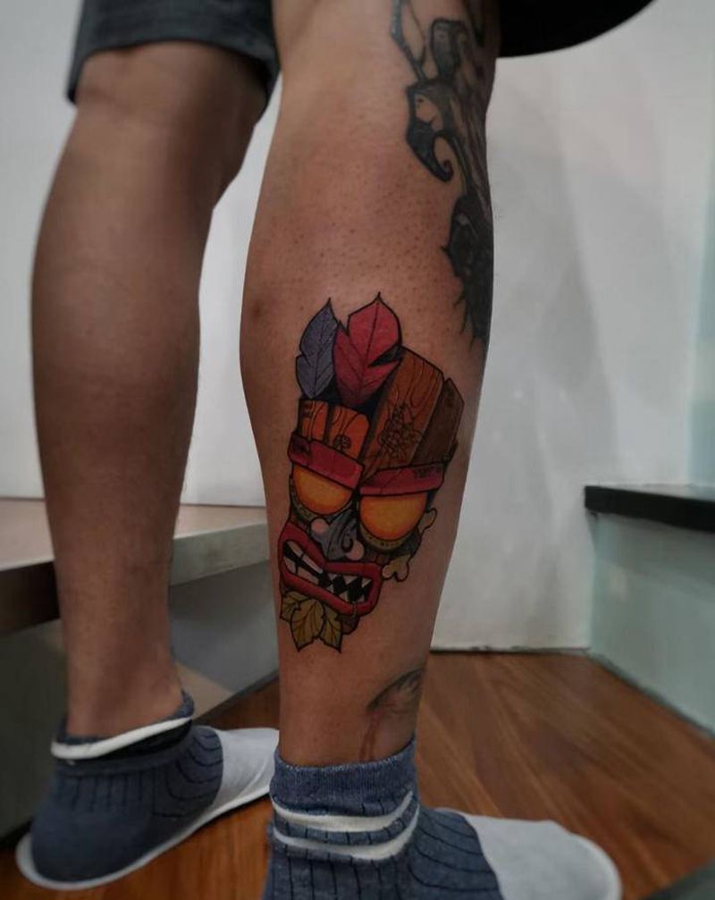 古惑狼面具纹身图片_腿部Old School纹身图案