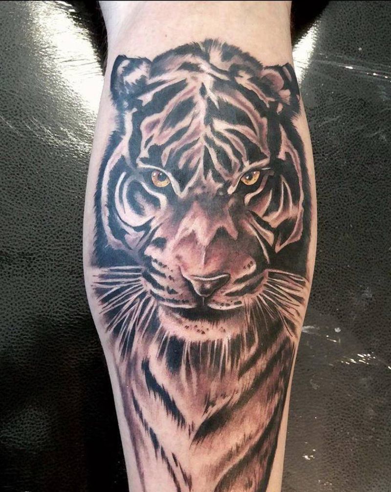 小腿老虎纹身图片_腿部欧美写实纹身图案