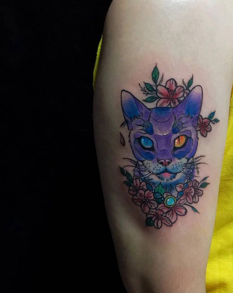 猫纹身图片_手臂水彩纹身图案