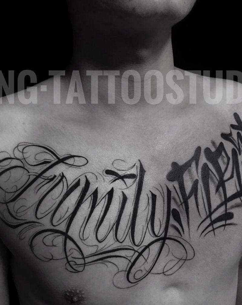 花体字纹身图片_胸部花体字纹身图案