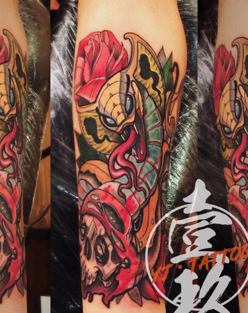 蛇、骷髅纹身图片_手臂New School水彩蛇骷髅玫瑰花纹身图案