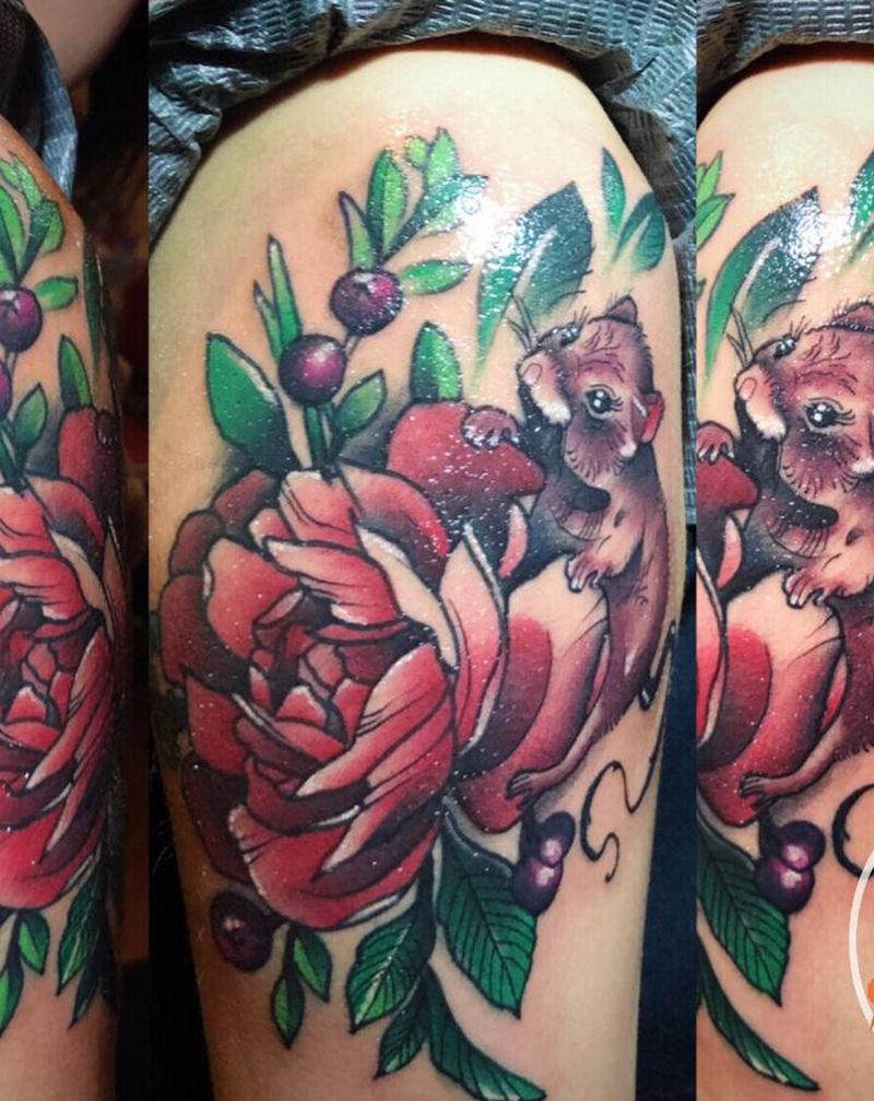 花、鼠纹身图片_手臂New School水彩花鼠纹身图案