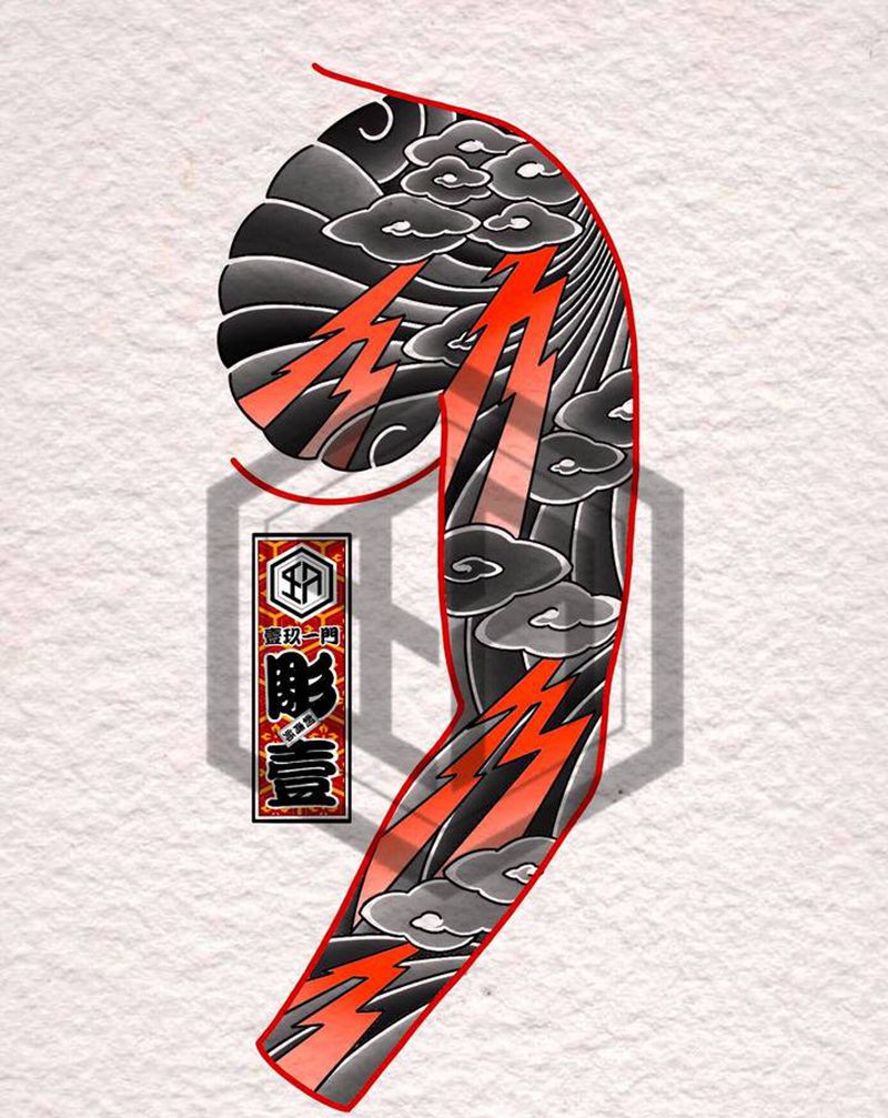 原创半甲纹身图片_手臂胸部老传统闪电浪纹身图案