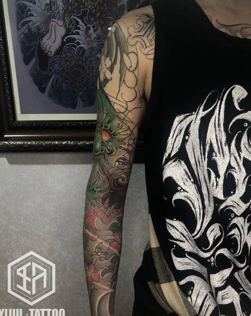 花臂纹身图片_手臂老传统新传统般若纹身图案