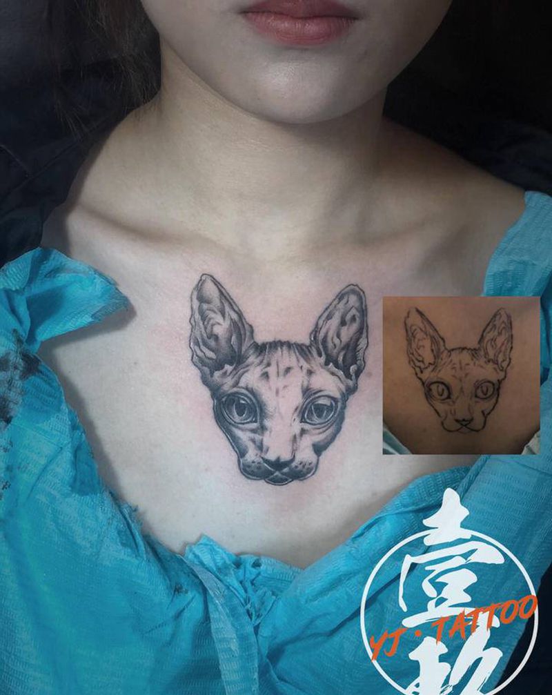 斯芬克斯猫纹身图片_胸部点刺纹身图案