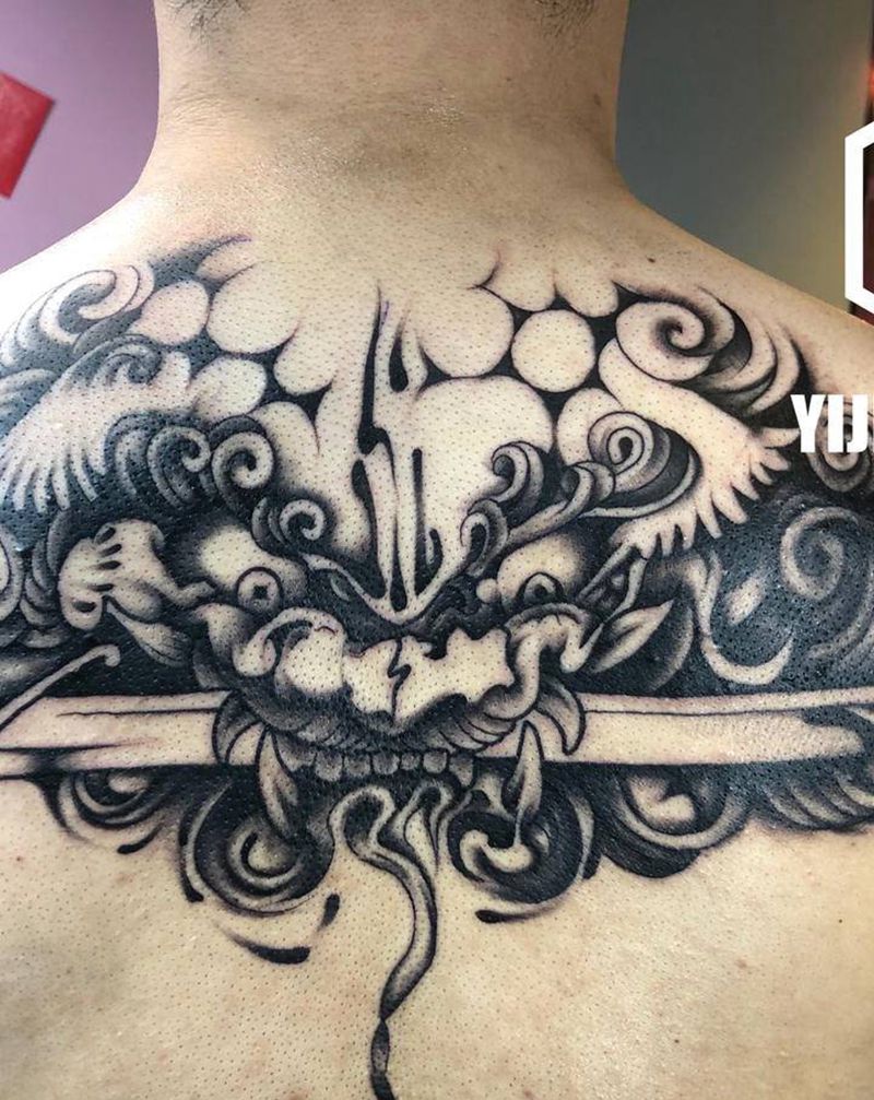 唐狮纹身图片_背部图腾新传统唐狮纹身图案