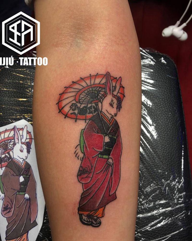 日风兔子纹身图片_手臂New School水彩兔子纹身图案