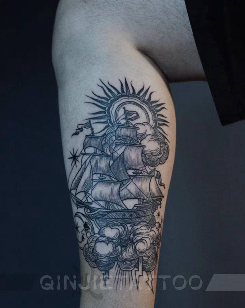 帆船纹身图片_腿部几何纹身图案