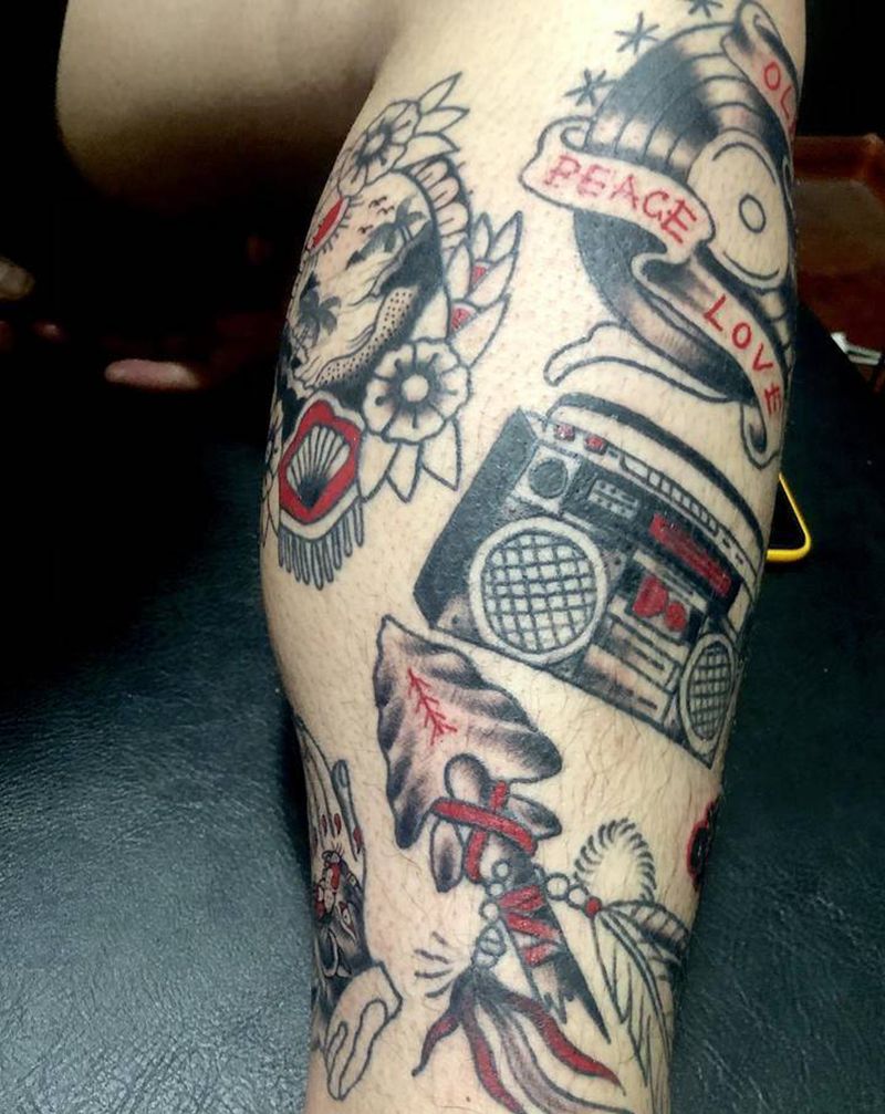 小腿拼接纹身图片_Old School纹身图案