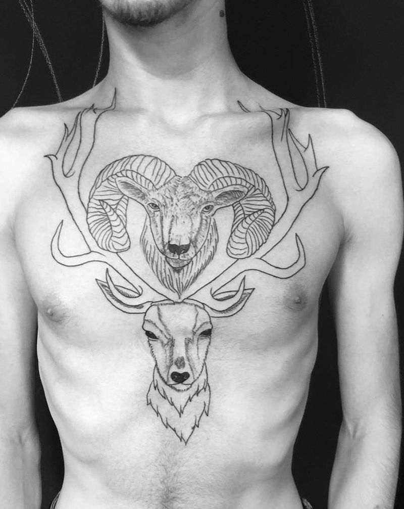 鹿&羊纹身图片_胸部纹身图案
