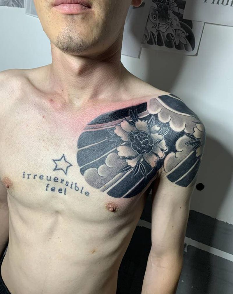 日式半甲完工纹身图片_胸部手臂老传统纹身图案