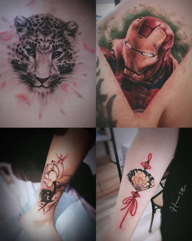 稍微带点彩色纹身图片_手臂腿部欧美写实水墨纹身图案