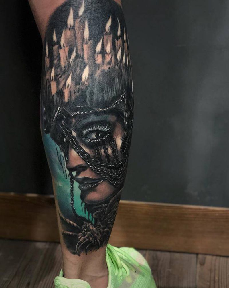 耗时8小时纹身图片_腿部欧美写实纹身图案