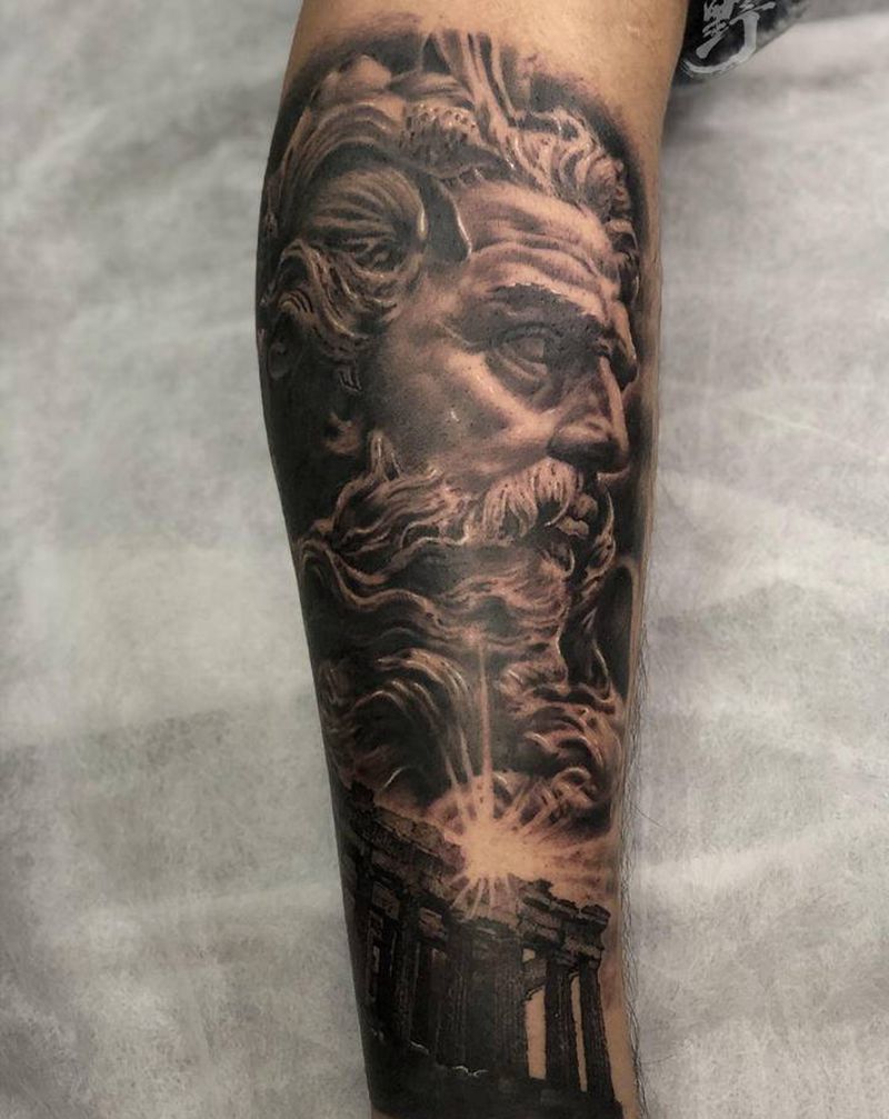 波塞冬纹身图片_腿部欧美写实纹身图案